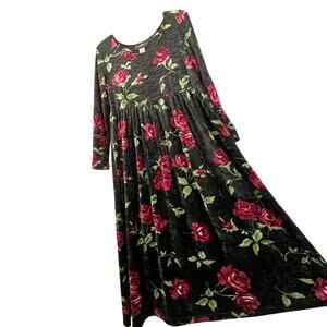 Vintage 90s Molly Malloy Velvet Babydoll Dress 6 Black Roses Grunge Whimsigoth